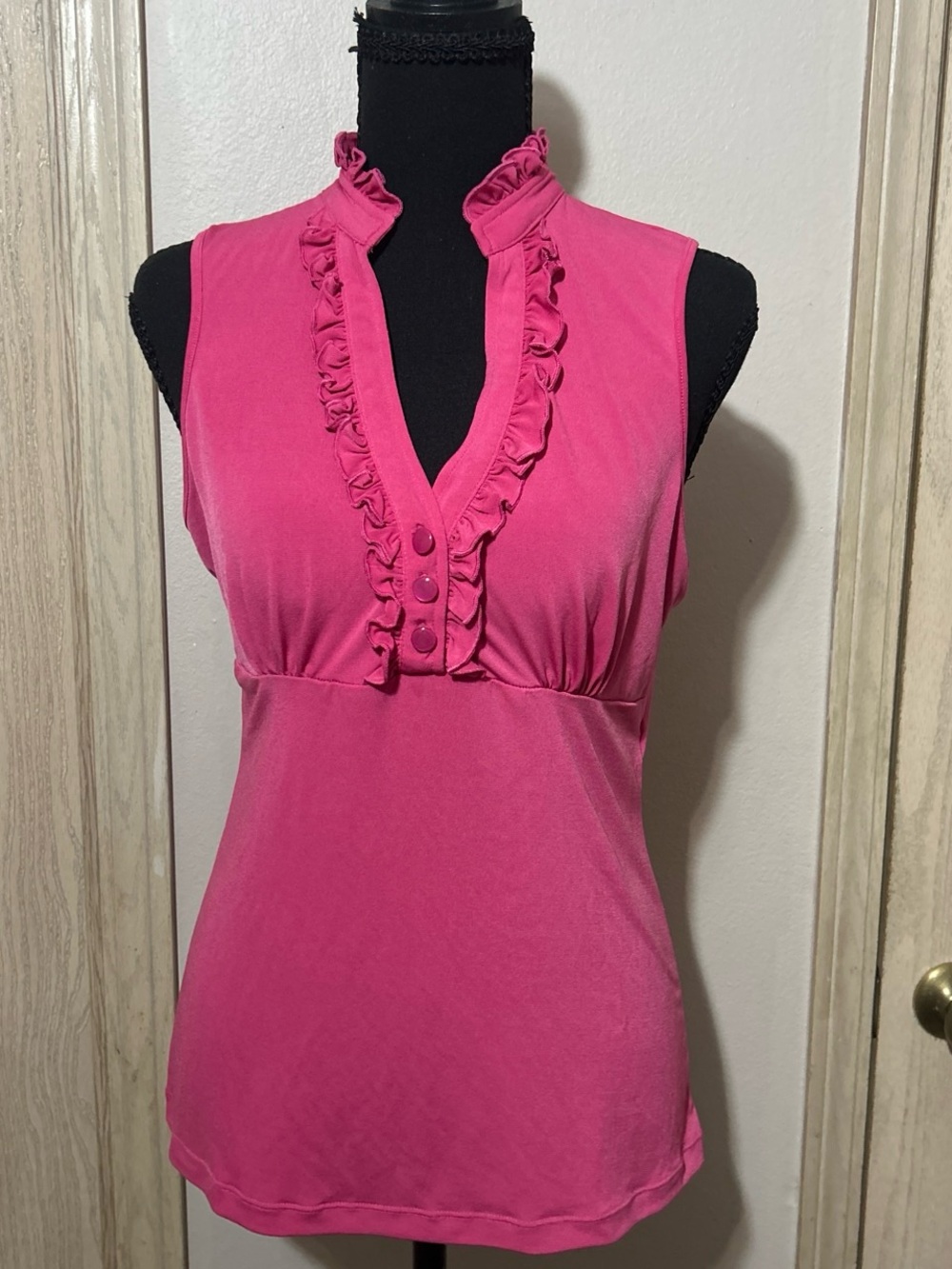 Sleeveless Ruffle V-Neck Blouse in Hot Pink